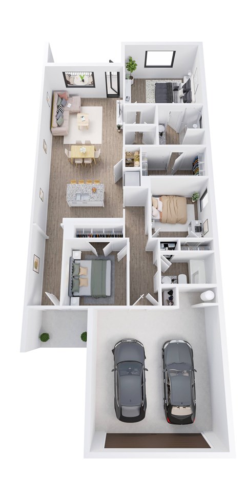 A top-down view of a two-bedroom apartment with a living room, kitchen, and bathroom.